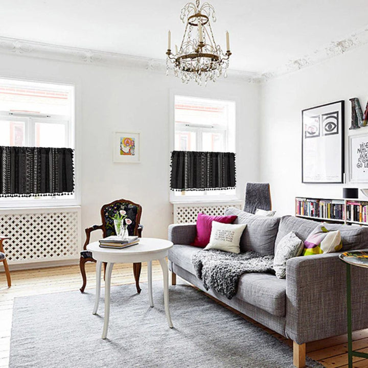Skanto | Svart Geometrisk Tribal Frynse Kabinett Gardin