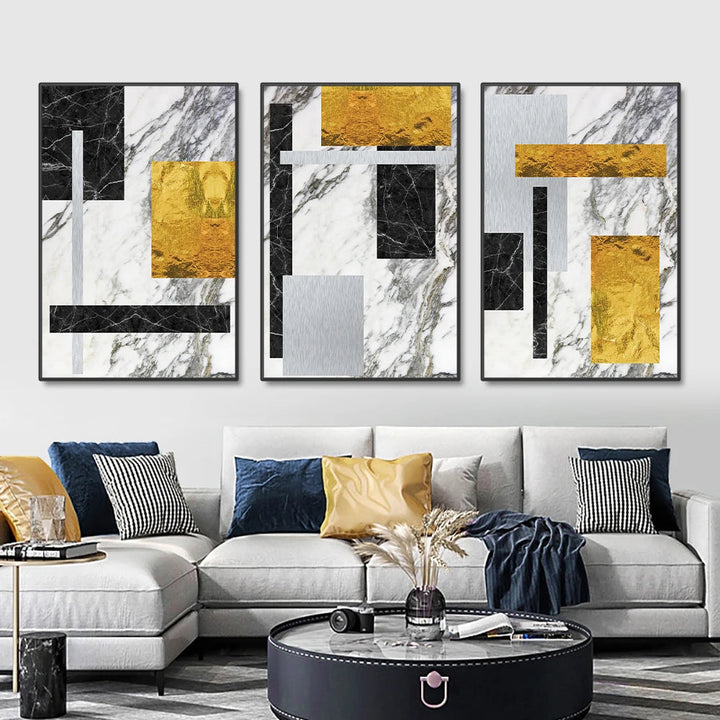 Svart Gylden Blokk Marmor Abstrakt Veggkunst Fin Kunst Lerretsutskrifter Moderne Geometriske Bilder For Stue Kontor Kunst Dekor | Skanto