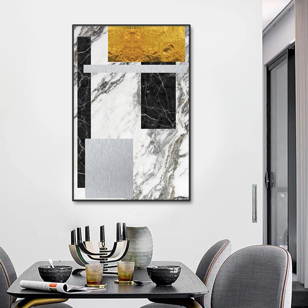 Svart Gylden Blokk Marmor Abstrakt Veggkunst Fin Kunst Lerretsutskrifter Moderne Geometriske Bilder For Stue Kontor Kunst Dekor | Skanto