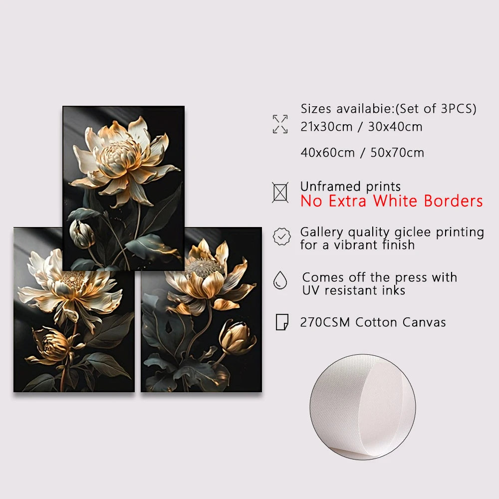 Svart Gylden Floral Veggkunst Fin Kunst Lerret Utskrifter Moderne Botaniske Bilder For Stue Soverom Lett Luksus Boliginnredning | Skanto