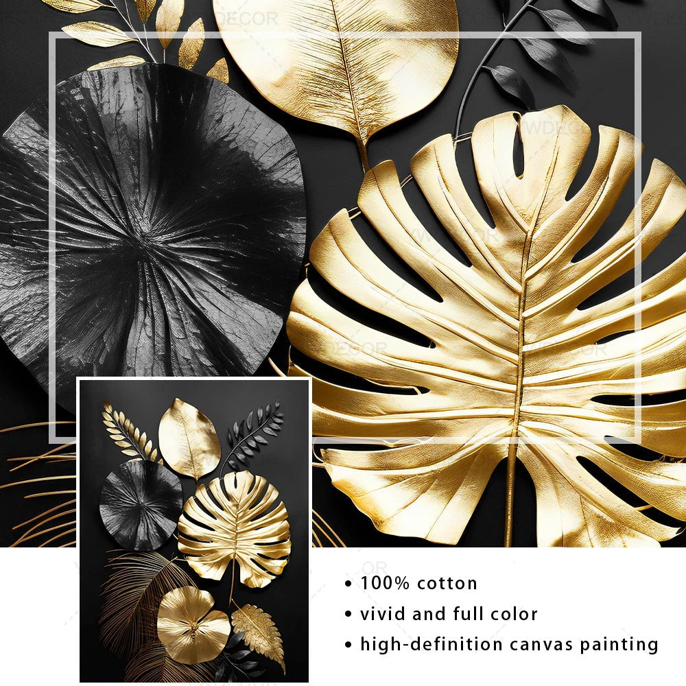 Black Gold Tropical Leaves Wall Art Fine Art Canvas Prints Modern Botanical Pictures for Luxury Living Room Dining Room Home Office Decor | Skanto