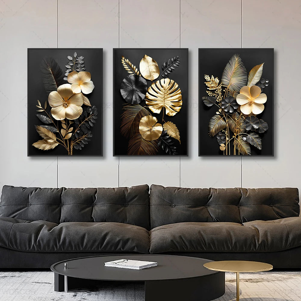Black Gold Tropical Leaves Wall Art Fine Art Canvas Prints Modern Botanical Pictures for Luxury Living Room Dining Room Home Office Decor | Skanto