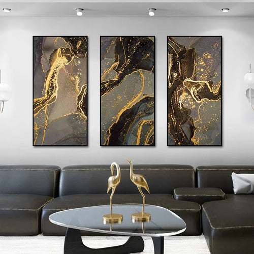 Svart Gulline Marmortrykk Veggkunst Fine Art Lerretstrykk Høy Vertikal Rektangulær Kunstverk Bilder For Stue Lett Luksuriøs Boliginnredning | Skanto
