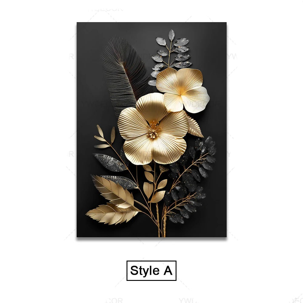 Black Gold Tropical Leaves Wall Art Fine Art Canvas Prints Modern Botanical Pictures for Luxury Living Room Dining Room Home Office Decor | Skanto