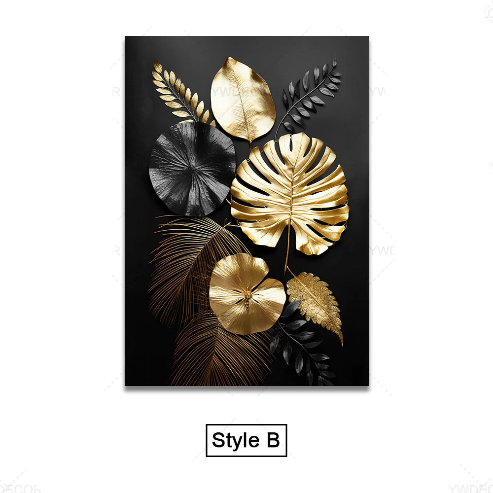 Black Gold Tropical Leaves Wall Art Fine Art Canvas Prints Modern Botanical Pictures for Luxury Living Room Dining Room Home Office Decor | Skanto