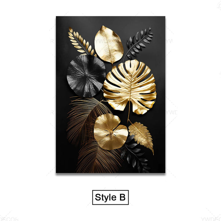 Black Gold Tropical Leaves Wall Art Fine Art Canvas Prints Modern Botanical Pictures for Luxury Living Room Dining Room Home Office Decor | Skanto