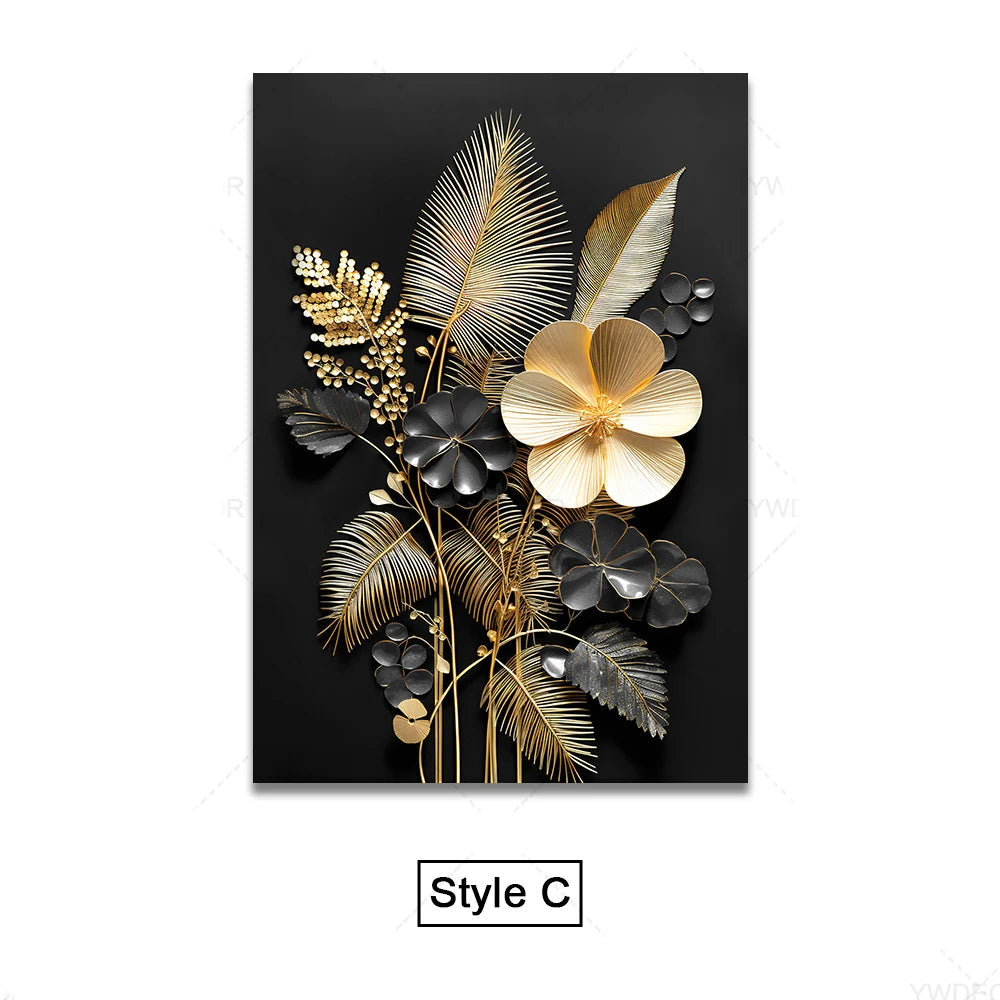 Black Gold Tropical Leaves Wall Art Fine Art Canvas Prints Modern Botanical Pictures for Luxury Living Room Dining Room Home Office Decor | Skanto