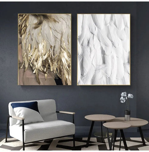 Svart Hvit Gull Fjær Veggkunst Fine Art Lerretstrykk Stilige Plakater Butikk Motebilder For Stue Soverom Hotell Salon Kunst Dekor | Skanto