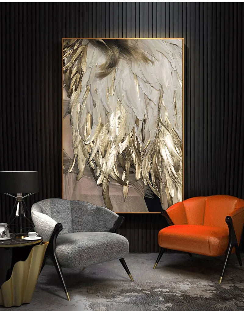 Svart Hvit Gull Fjær Veggkunst Fine Art Lerretstrykk Stilige Plakater Butikk Motebilder For Stue Soverom Hotell Salon Kunst Dekor | Skanto