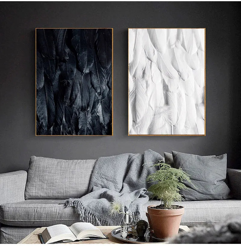 Svart Hvit Gull Fjær Veggkunst Fine Art Lerretstrykk Stilige Plakater Butikk Motebilder For Stue Soverom Hotell Salon Kunst Dekor | Skanto