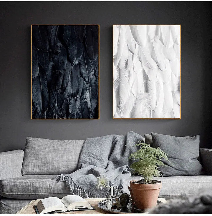 Svart Hvit Gull Fjær Veggkunst Fine Art Lerretstrykk Stilige Plakater Butikk Motebilder For Stue Soverom Hotell Salon Kunst Dekor | Skanto
