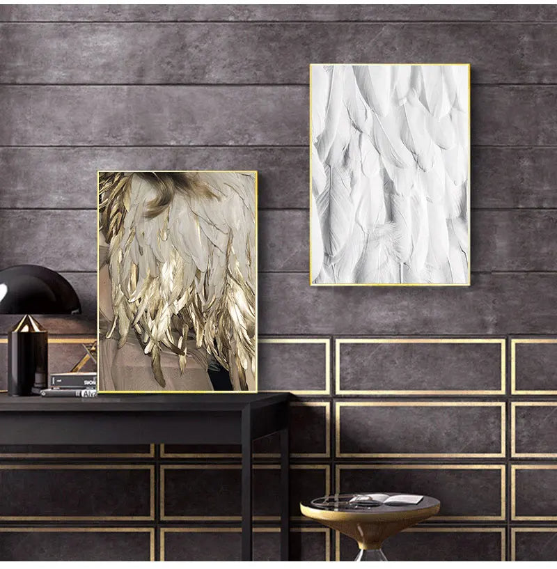 Svart Hvit Gull Fjær Veggkunst Fine Art Lerretstrykk Stilige Plakater Butikk Motebilder For Stue Soverom Hotell Salon Kunst Dekor | Skanto