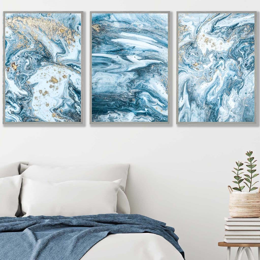 Abstrakt veggkunstsett med havmotiver i turkisblått og gull, 3 deler