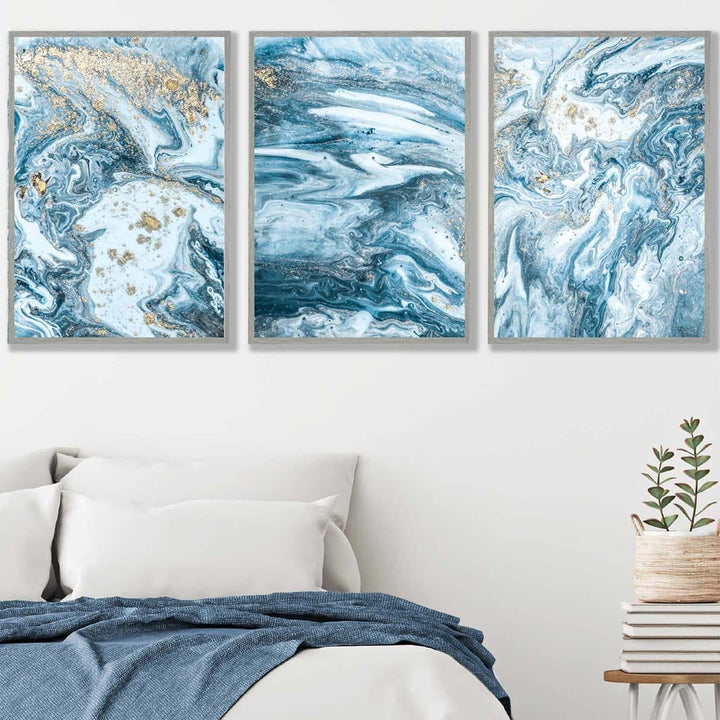 Abstrakt veggkunstsett med havmotiver i turkisblått og gull, 3 deler
