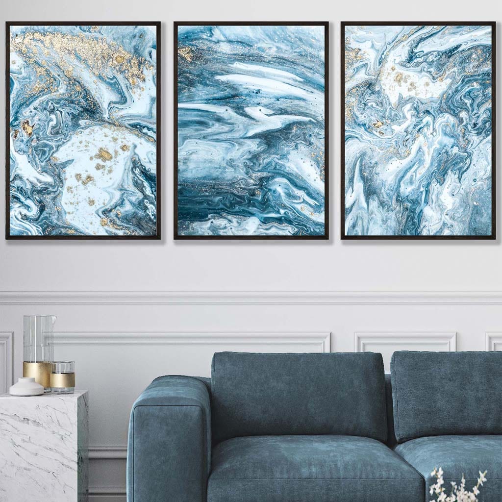 Abstrakt veggkunstsett med havmotiver i turkisblått og gull, 3 deler