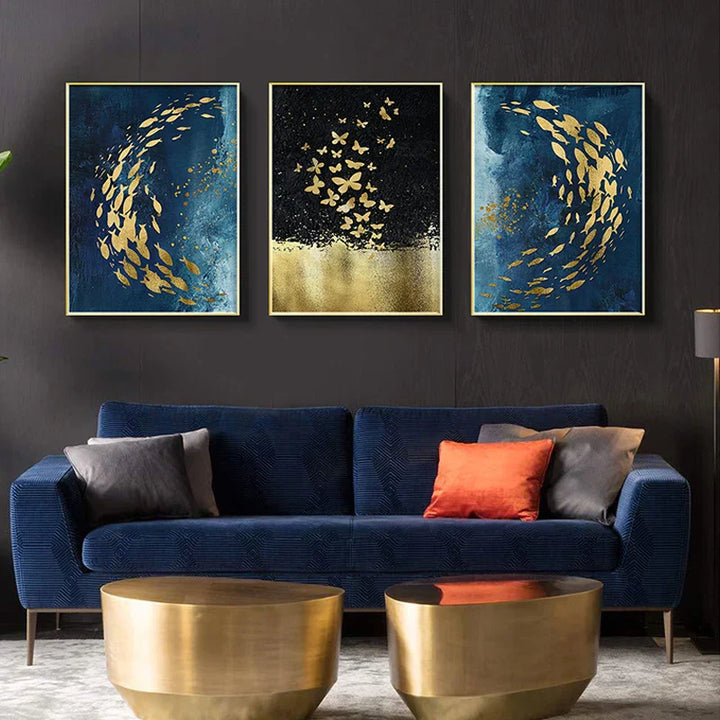 Blå Gyldne Fugler og Sommerfugler Veggkunst Fina Kunst Lærredtrykk Lykkebringende Abstrakte Bilder For Stue Soverom Hotellrom Kunst Dekor | Skanto