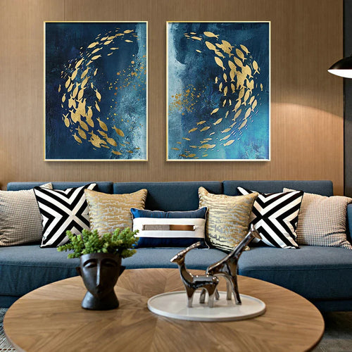 Blå Gyldne Fugler og Sommerfugler Veggkunst Fina Kunst Lærredtrykk Lykkebringende Abstrakte Bilder For Stue Soverom Hotellrom Kunst Dekor | Skanto