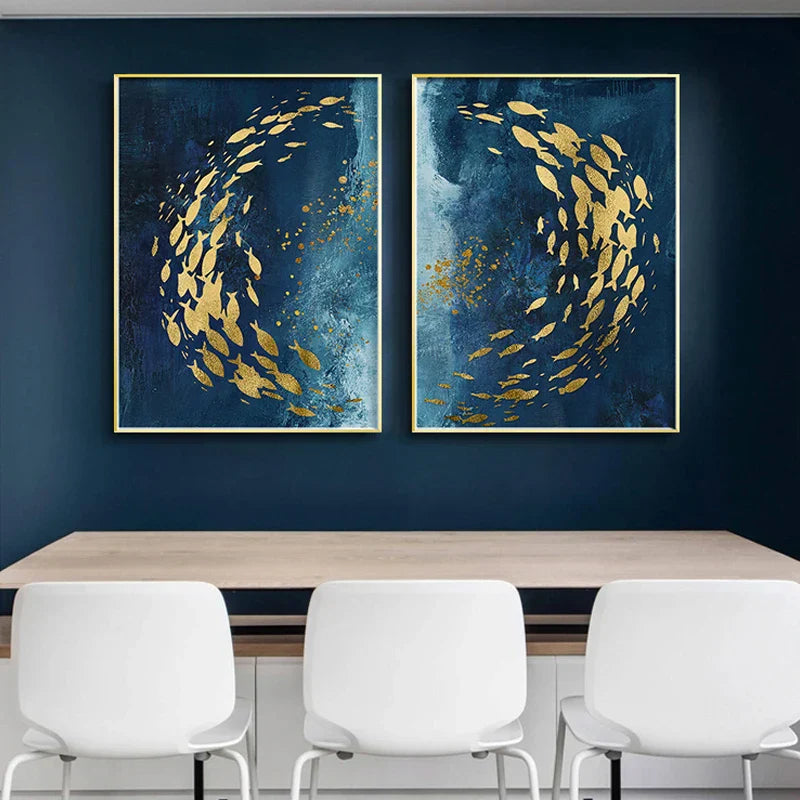 Blå Gyldne Fugler og Sommerfugler Veggkunst Fina Kunst Lærredtrykk Lykkebringende Abstrakte Bilder For Stue Soverom Hotellrom Kunst Dekor | Skanto