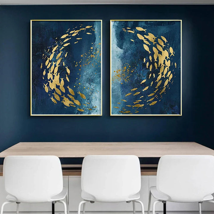 Blå Gyldne Fugler og Sommerfugler Veggkunst Fina Kunst Lærredtrykk Lykkebringende Abstrakte Bilder For Stue Soverom Hotellrom Kunst Dekor | Skanto