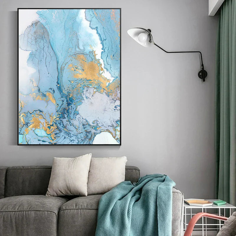 Blå Gylden Marmor Trykk Abstrakt Veggkunst Fin Kunst Lerretsutskrifter Bilder For Stue Spisestue Hotellerom Soverom Kunst Dekor | Skanto