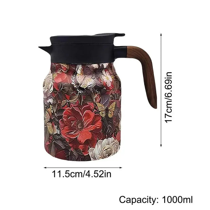 Tekanne i rustfritt stål med blomsterkunst og infusjonsrør - 1000 ml vintage eleganse