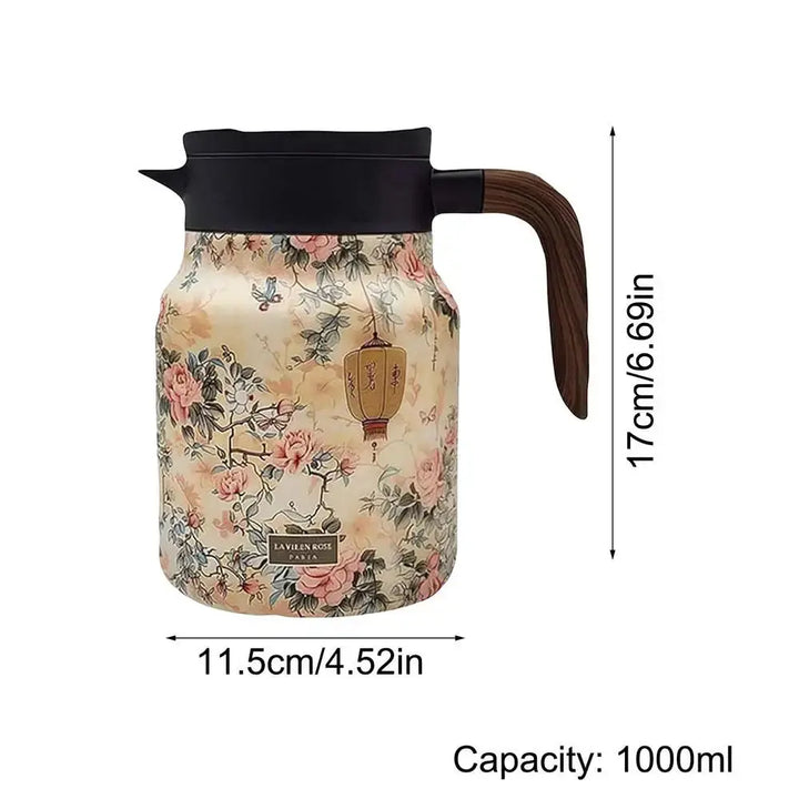 Tekanne i rustfritt stål med blomsterkunst og infusjonsrør - 1000 ml vintage eleganse