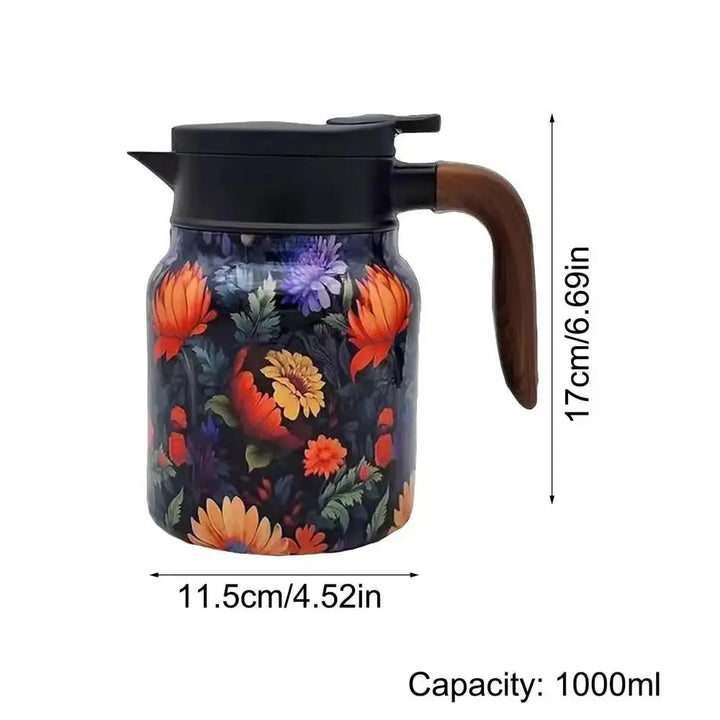 Tekanne i rustfritt stål med blomsterkunst og infusjonsrør - 1000 ml vintage eleganse