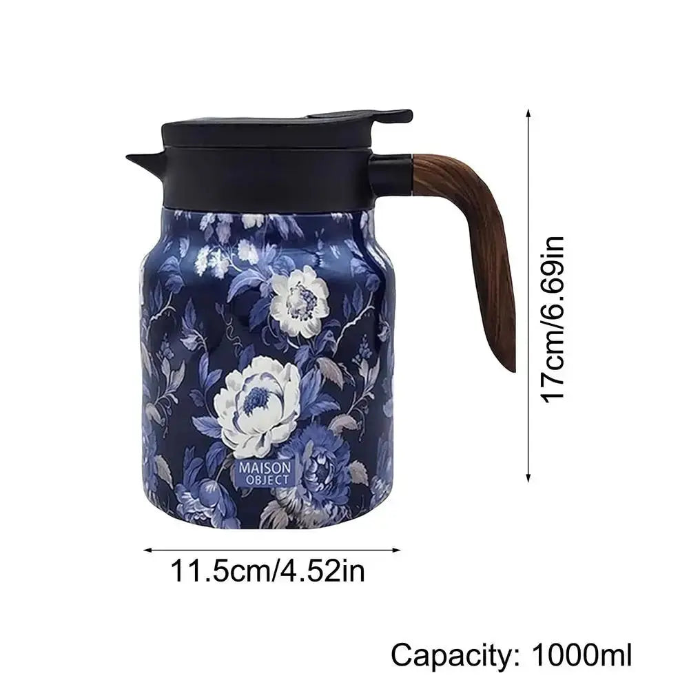 Tekanne i rustfritt stål med blomsterkunst og infusjonsrør - 1000 ml vintage eleganse