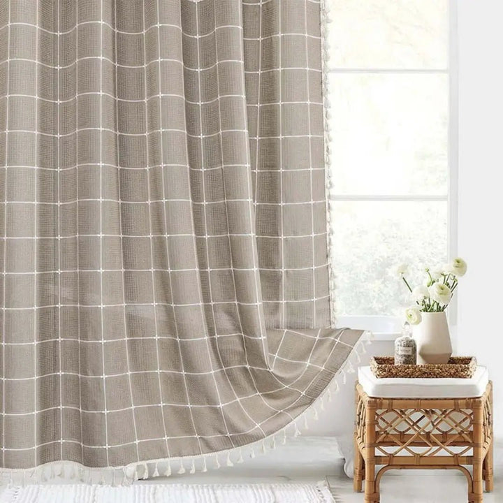 Duschvorhang aus Leinen im Boho-Stil mit Quasten und wasserdichtem Design