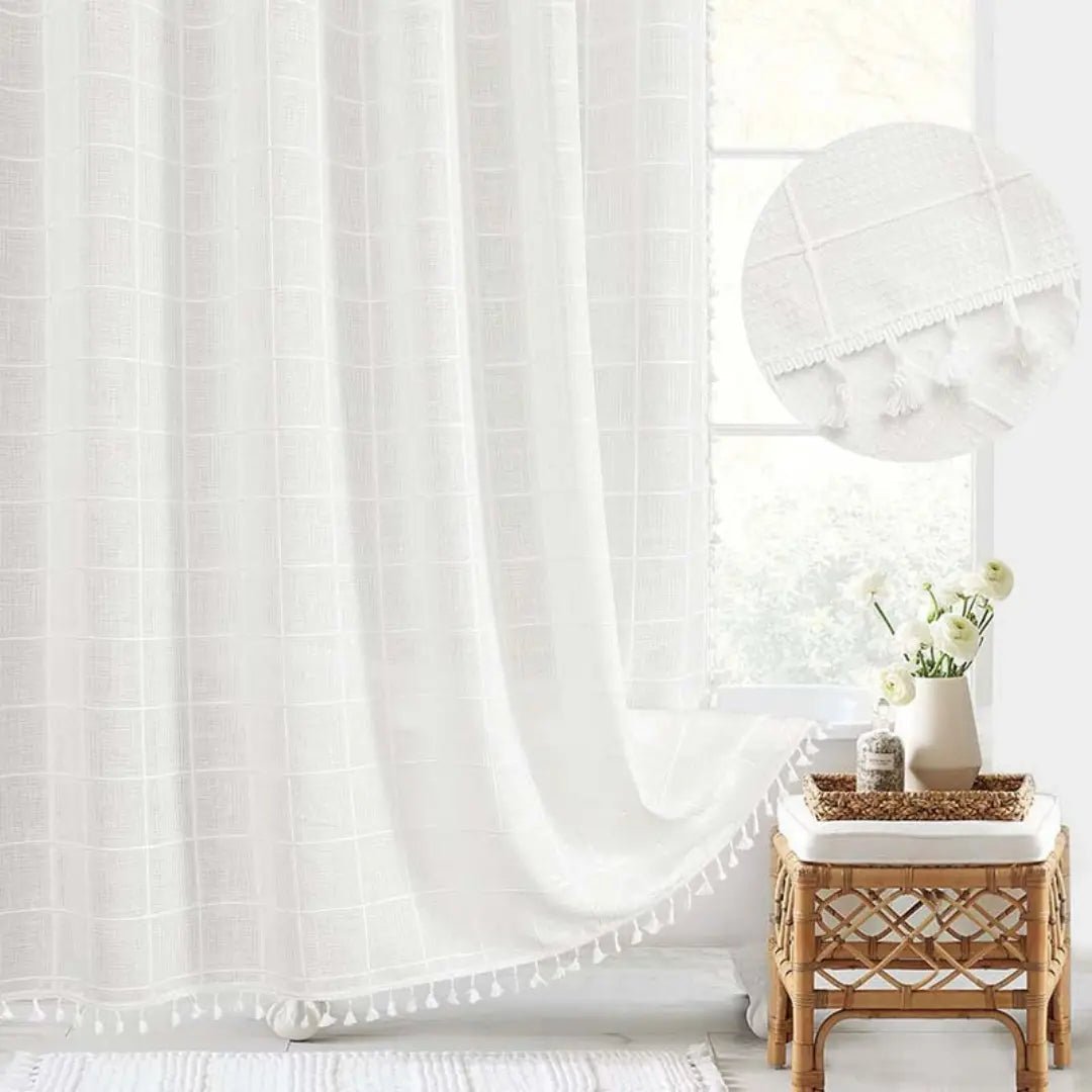 Duschvorhang aus Leinen im Boho-Stil mit Quasten und wasserdichtem Design
