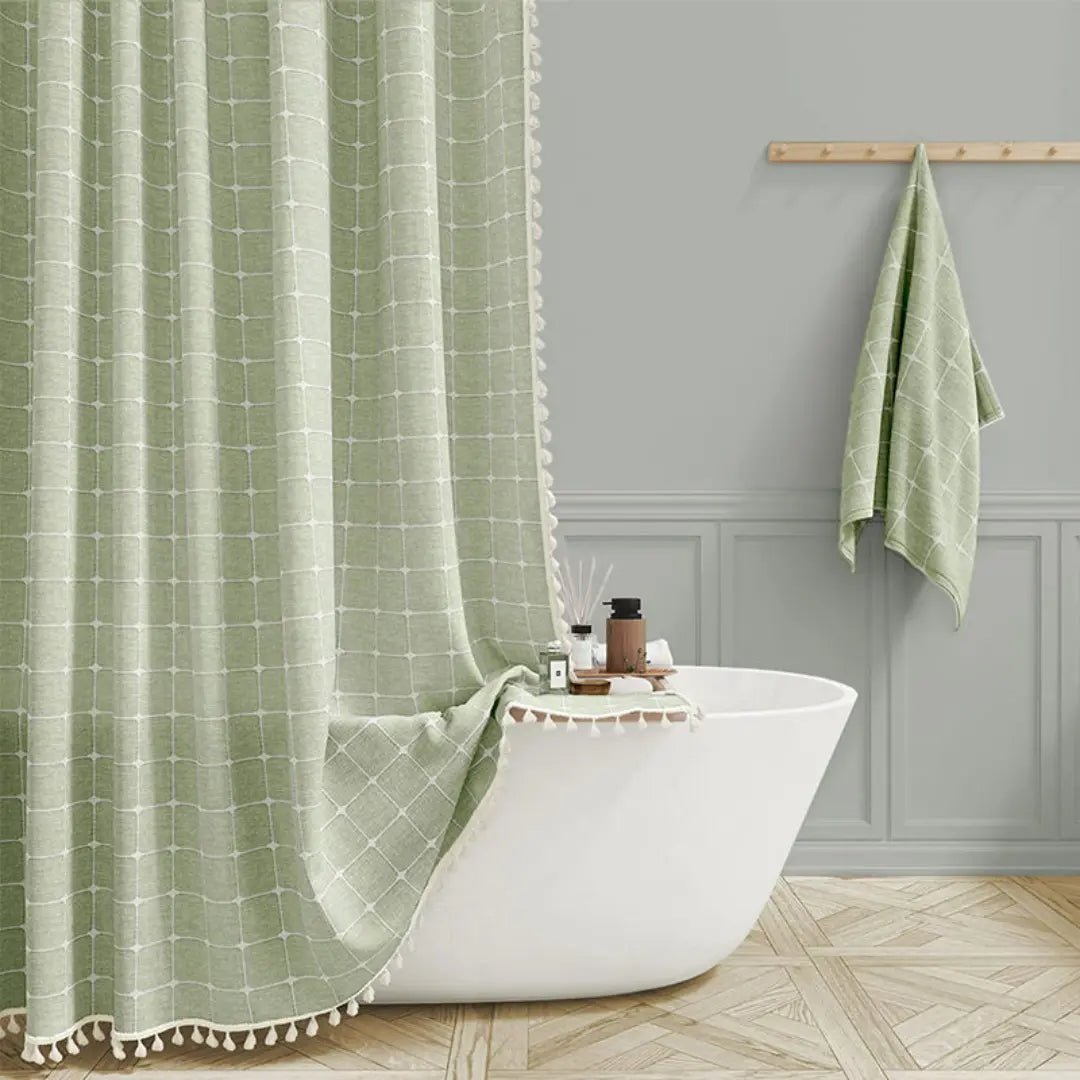 Duschvorhang aus Leinen im Boho-Stil mit Quasten und wasserdichtem Design