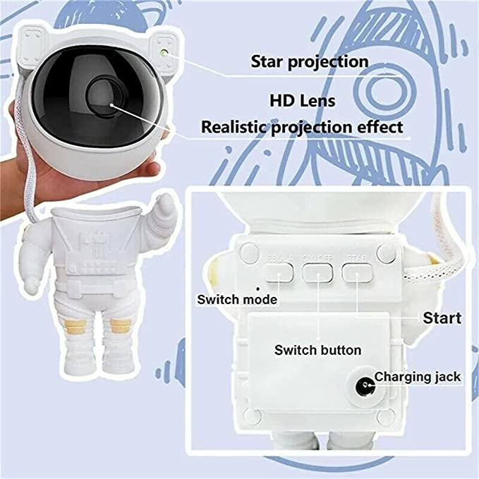 Stjernete LED-projektor – Astronautlampe med 360° roterende hode og fjernkontroll for soverom og stue | Skanto