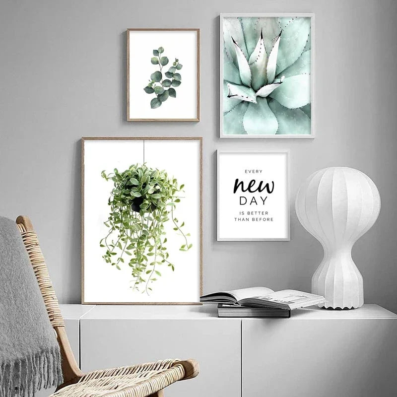 Kaktus Eukalyptus Tropisk Grønn Botanikk Veggkunst Fine Art Lerretstrykk Bilder for Stue Kjøkken Spisestue Innredning | Skanto