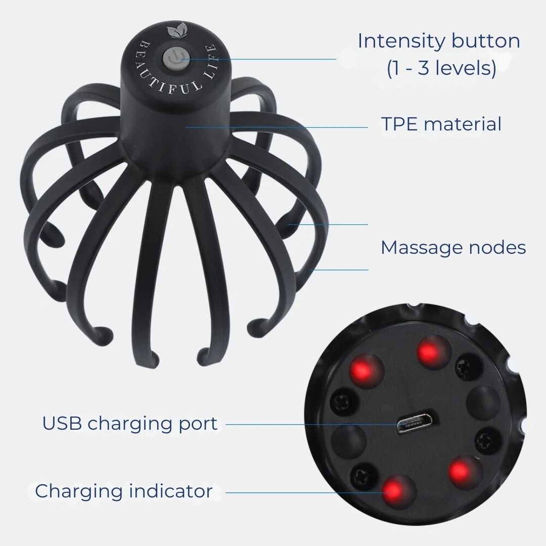 CalmFlow Smart Electric Octopus Hode Massager | Hodebunnsmassasje - Stresslettelse - Forbedret Søvn - Multi-retning Vibrasjons Hode Massager Skanto