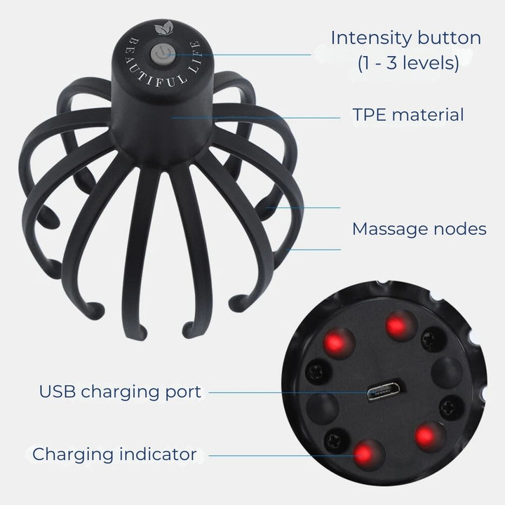 CalmFlow Smart Electric Octopus Hode Massager | Hodebunnsmassasje - Stresslettelse - Forbedret Søvn - Multi-retning Vibrasjons Hode Massager Skanto