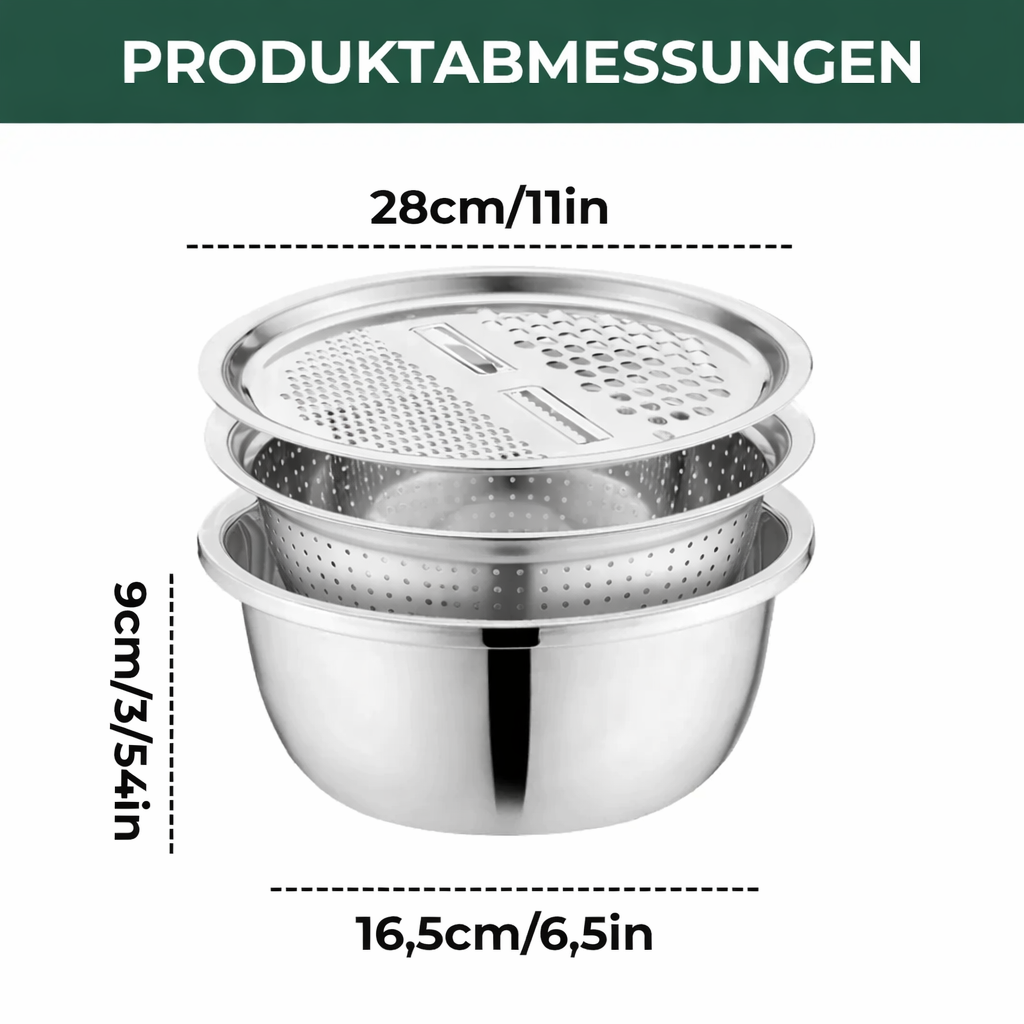 3-i-1 Blandebolle Sette Rustfritt Stål med Rivejern og Sil | Skanto