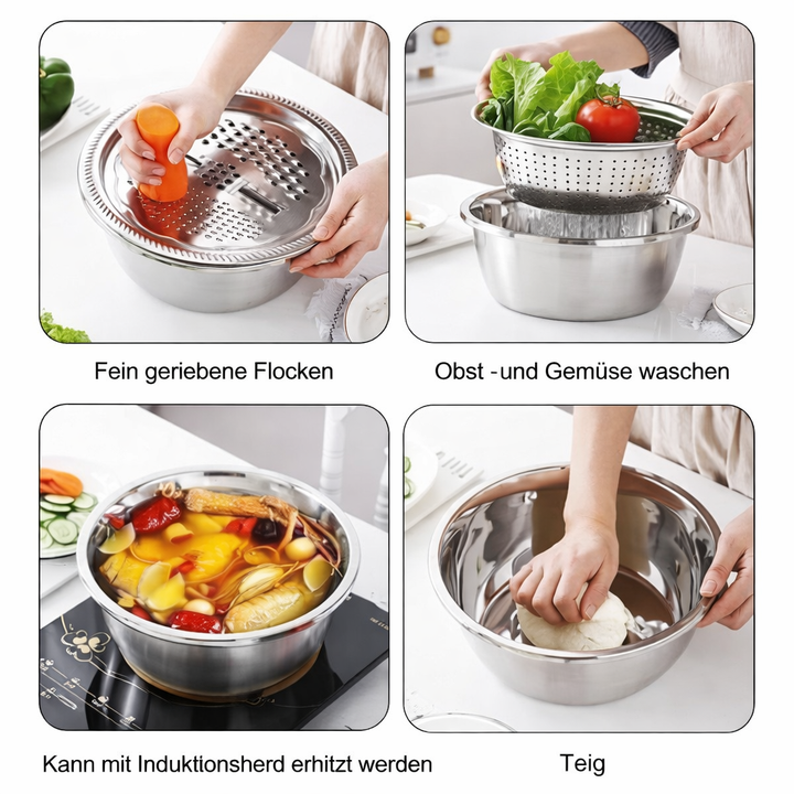 3-i-1 Blandebolle Sette Rustfritt Stål med Rivejern og Sil | Skanto
