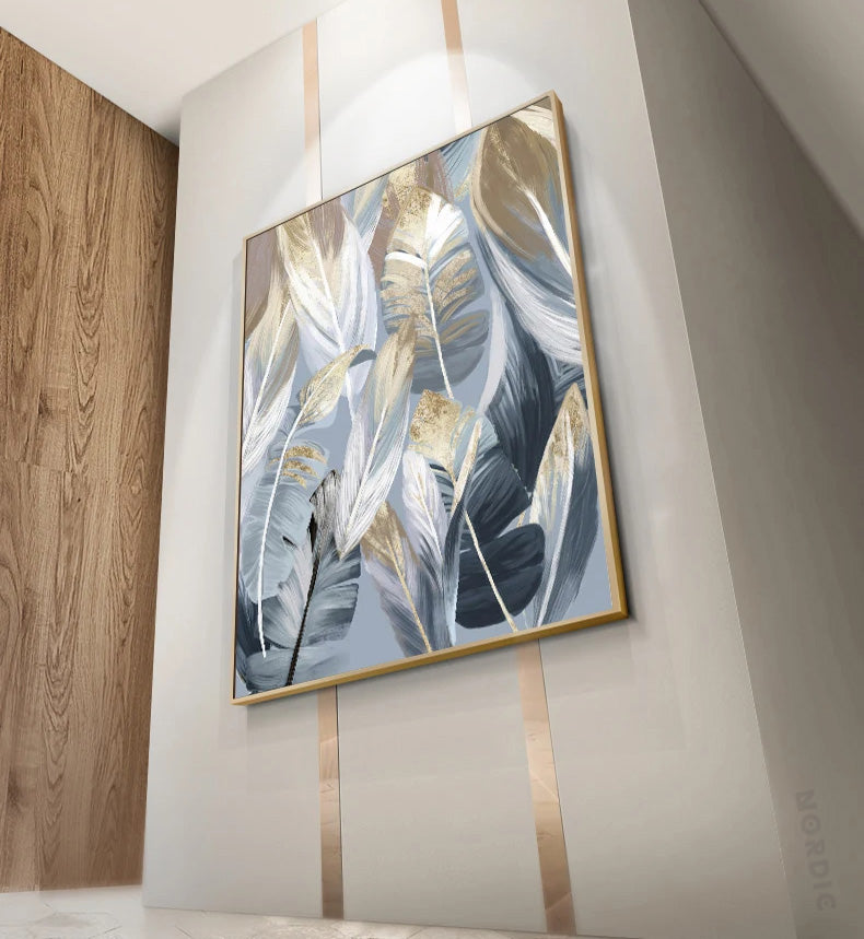 Chic Abstrakt Blå Gylne Fjær Veggkunst Fine Art Lerrettrykk Plakater Bilder For Stue Spisestue Moderne Soverom Kunst Dekor | Skanto