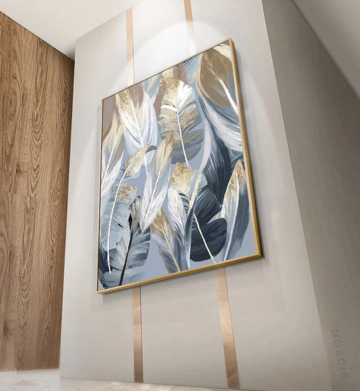 Chic Abstrakt Blå Gylne Fjær Veggkunst Fine Art Lerrettrykk Plakater Bilder For Stue Spisestue Moderne Soverom Kunst Dekor | Skanto