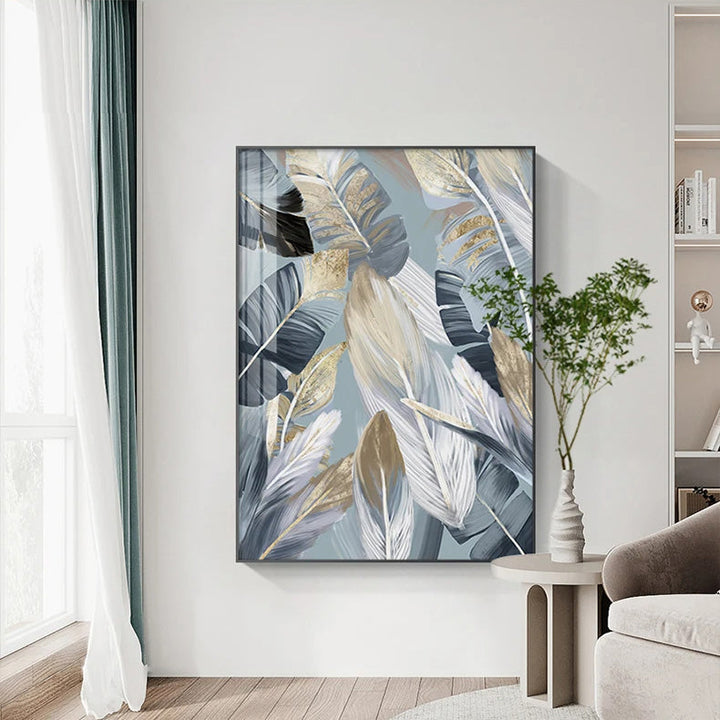 Chic Abstrakt Blå Gylne Fjær Veggkunst Fine Art Lerrettrykk Plakater Bilder For Stue Spisestue Moderne Soverom Kunst Dekor | Skanto
