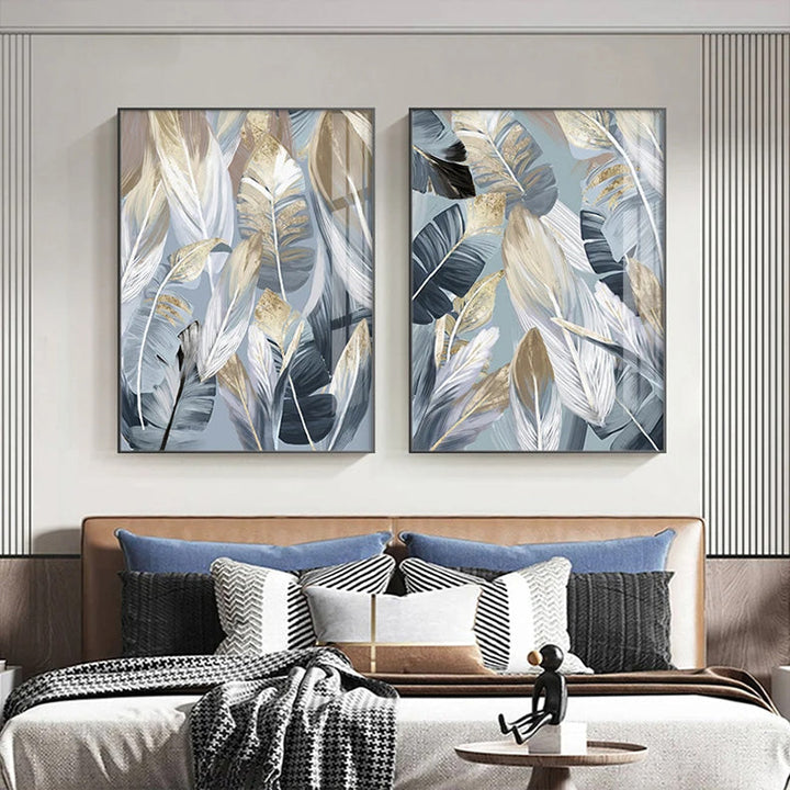 Chic Abstrakt Blå Gylne Fjær Veggkunst Fine Art Lerrettrykk Plakater Bilder For Stue Spisestue Moderne Soverom Kunst Dekor | Skanto