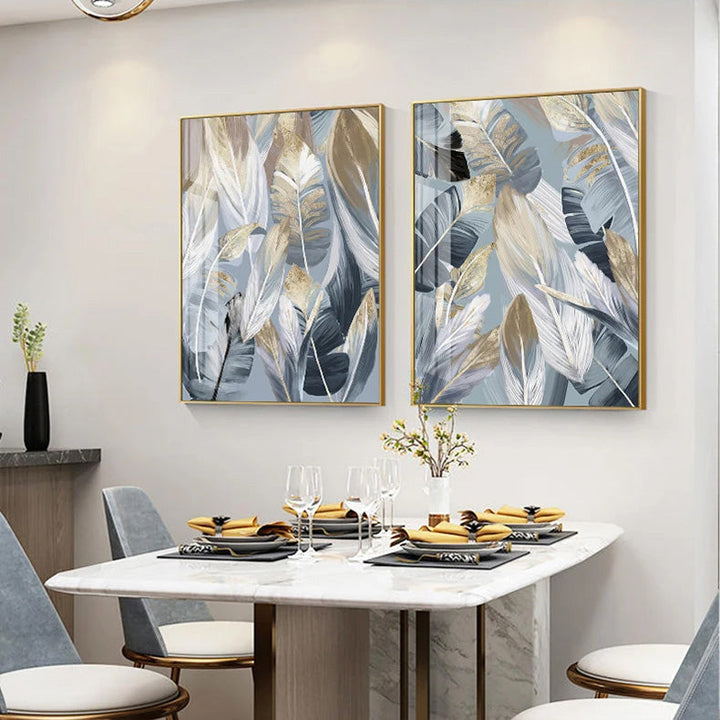 Chic Abstrakt Blå Gylne Fjær Veggkunst Fine Art Lerrettrykk Plakater Bilder For Stue Spisestue Moderne Soverom Kunst Dekor | Skanto