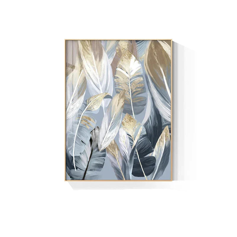 Chic Abstrakt Blå Gylne Fjær Veggkunst Fine Art Lerrettrykk Plakater Bilder For Stue Spisestue Moderne Soverom Kunst Dekor | Skanto