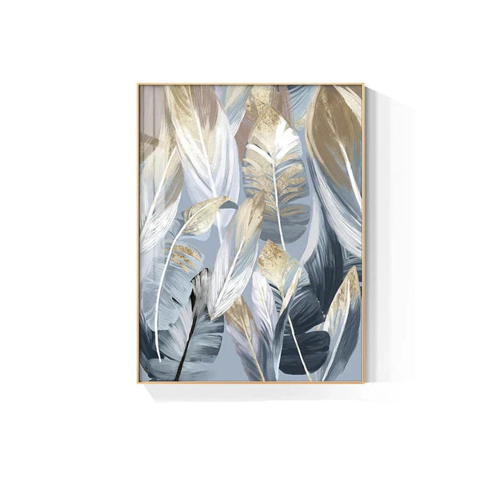 Chic Abstrakt Blå Gylne Fjær Veggkunst Fine Art Lerrettrykk Plakater Bilder For Stue Spisestue Moderne Soverom Kunst Dekor | Skanto