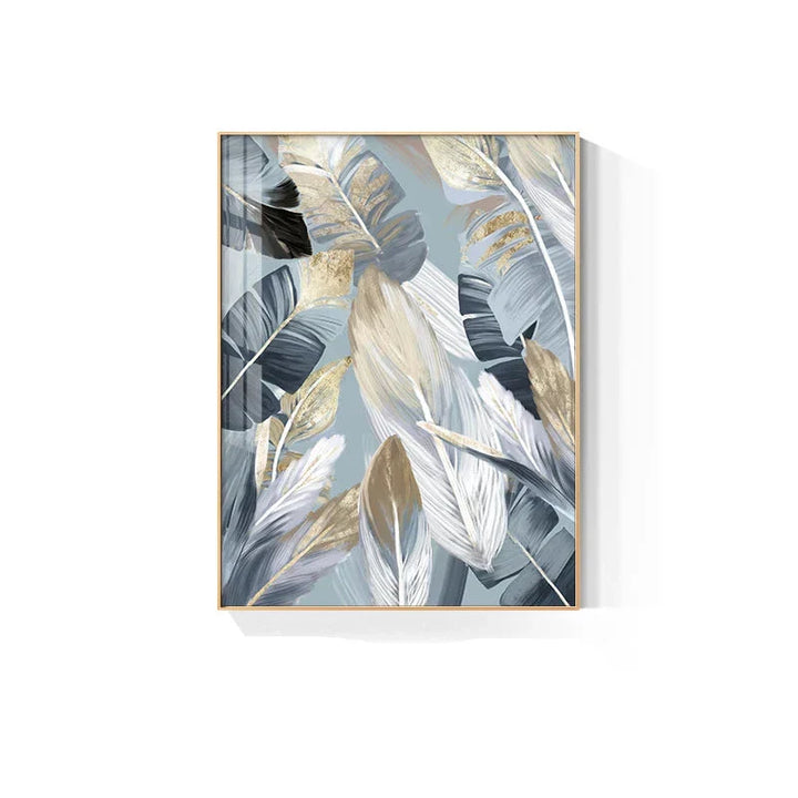 Chic Abstrakt Blå Gylne Fjær Veggkunst Fine Art Lerrettrykk Plakater Bilder For Stue Spisestue Moderne Soverom Kunst Dekor | Skanto