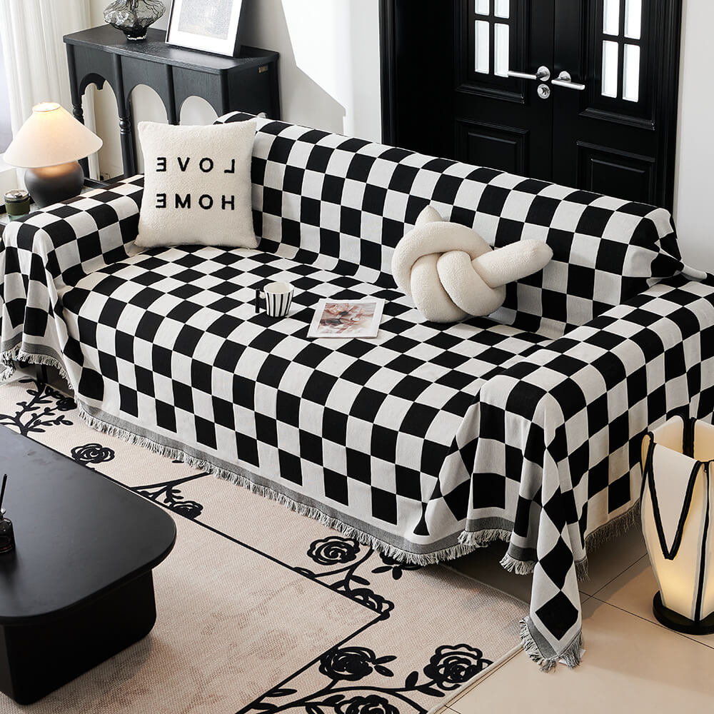 Color Block Rute Fringe Trim Sofa Blanket Cover | Skanto
