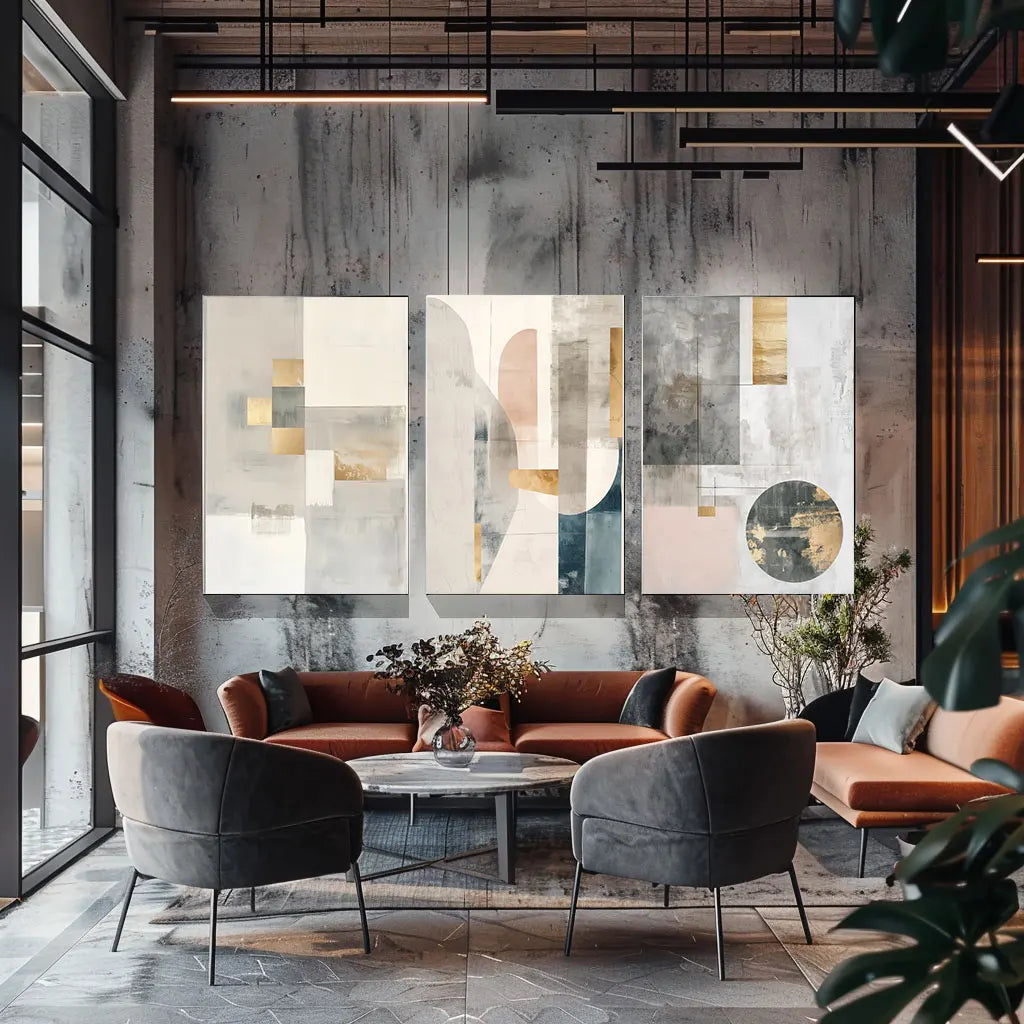 Samtidens abstrakt geometrisk fargeblokk veggkunst fine kunst lerretstrykk nøytrale fargebilder for moderne leilighet stuer skandinavisk interiørdesign | Skanto