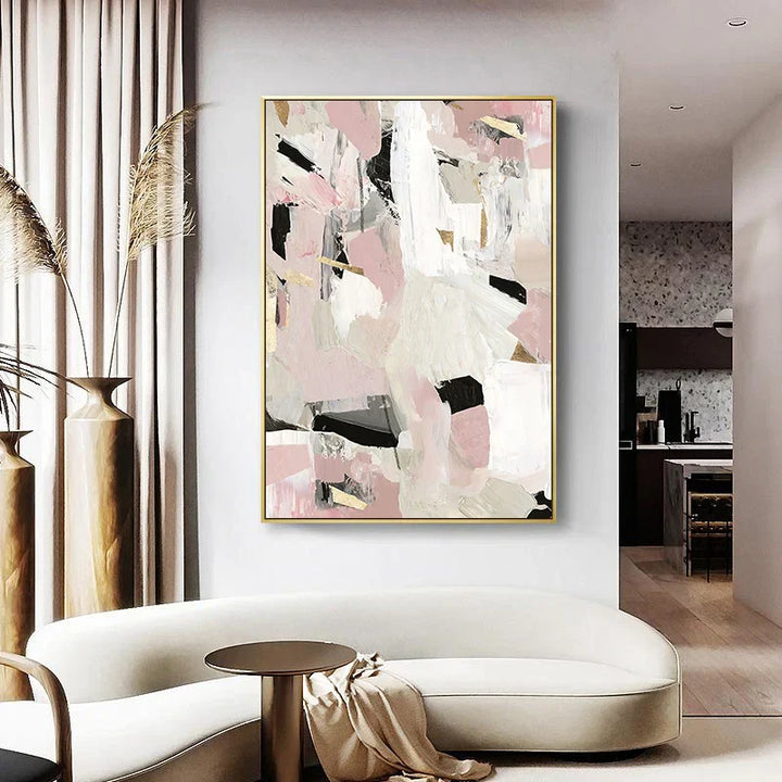 Samtidig pastell-abstrakt lerrettrykk veggkunst - Dramatisk og delikat geometrisk kunst i rosa, hvit, svart og beige - Perfekt for moderne minimalisme interiører | Skanto