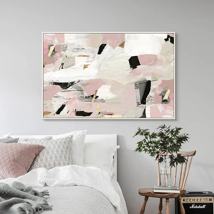 Samtidig pastell-abstrakt lerrettrykk veggkunst - Dramatisk og delikat geometrisk kunst i rosa, hvit, svart og beige - Perfekt for moderne minimalisme interiører | Skanto
