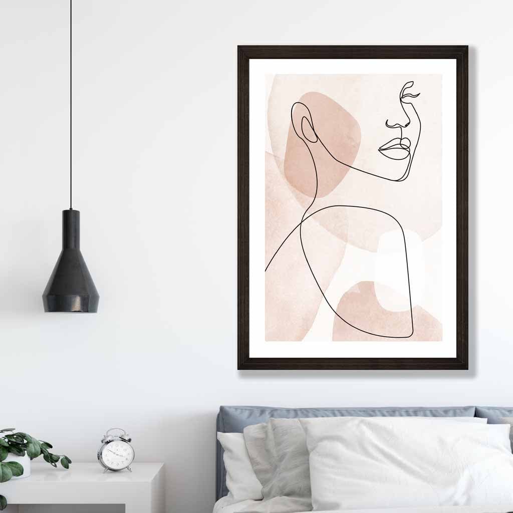 Korallrosa abstrakt linjekunstplakat med kvinneansikt nr. 1